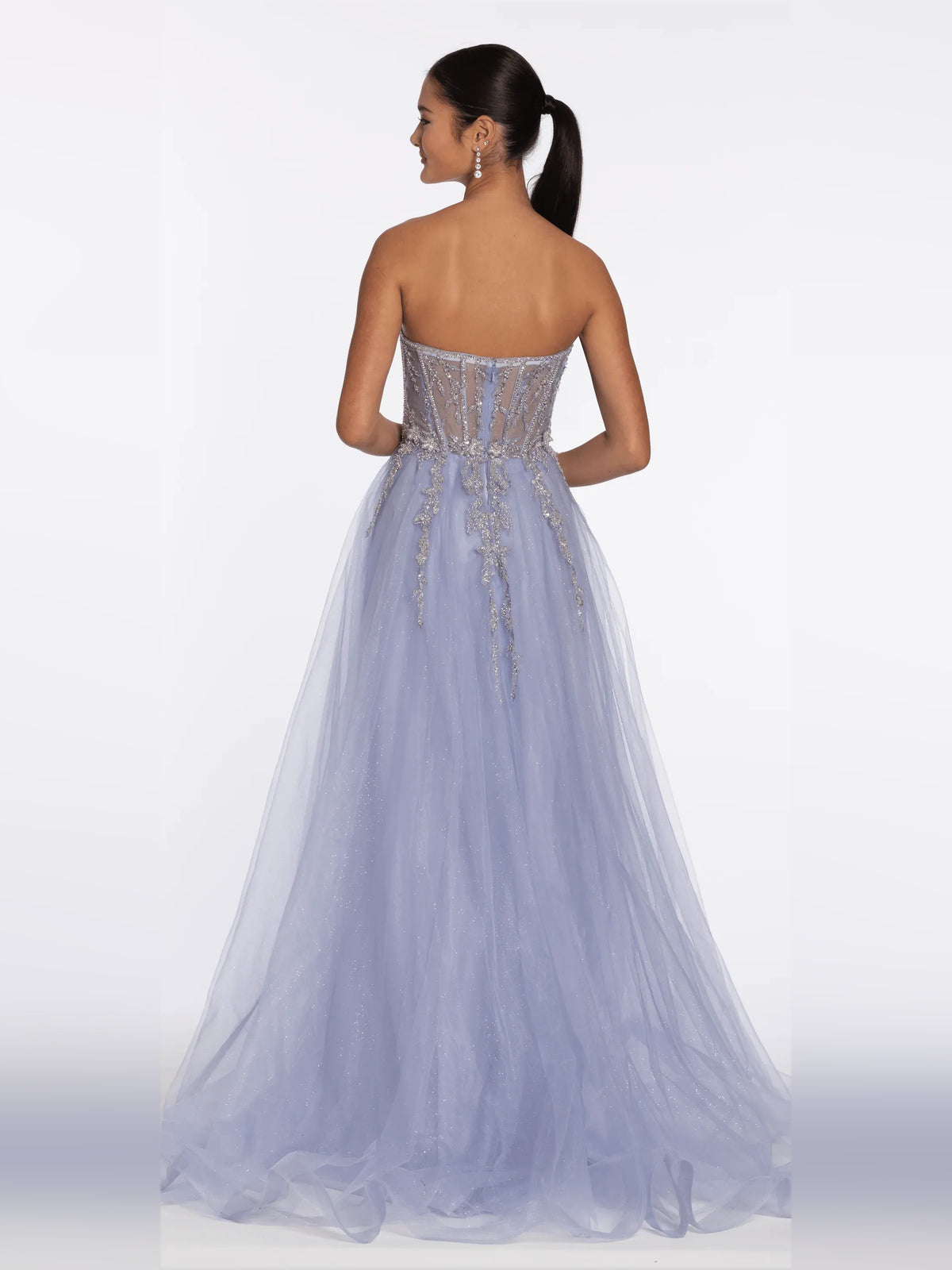Lilac floor-length prom dress, back view showing the rear of the dress