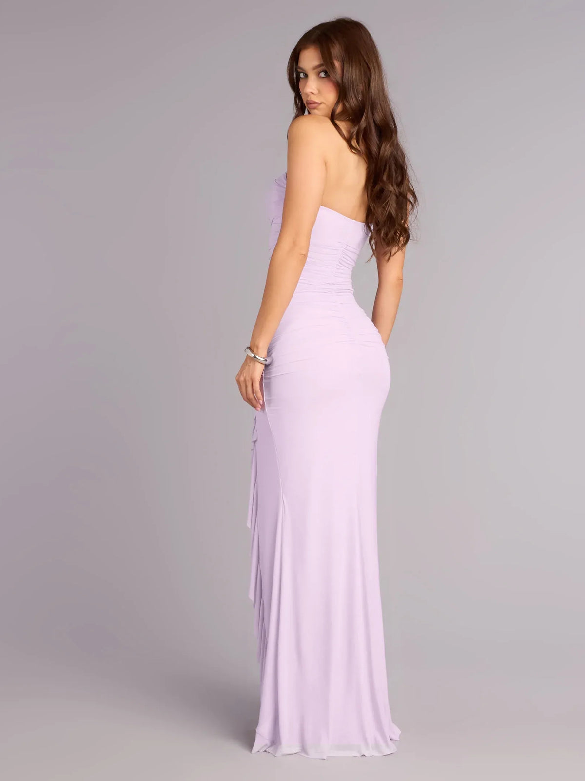 Lavender sheath floor-length formal dress with ruching, alternate view