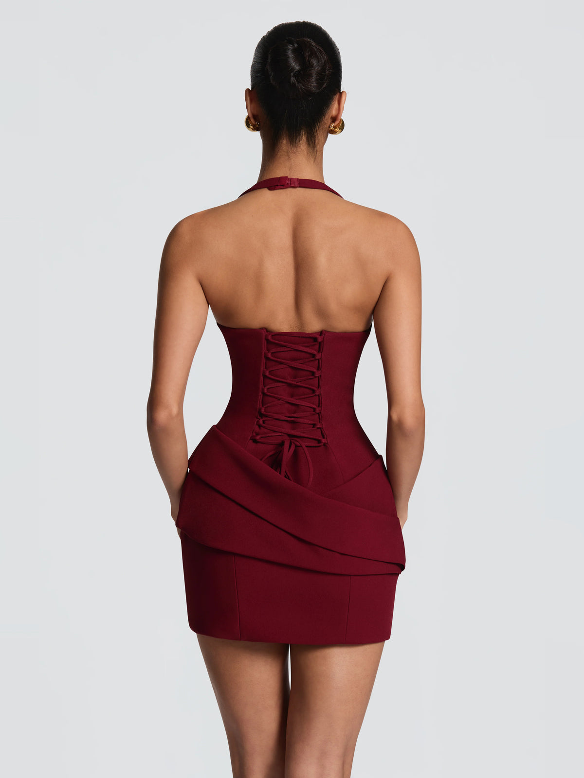 Burgundy mini homecoming dress, alternate view showing the bodice and skirt