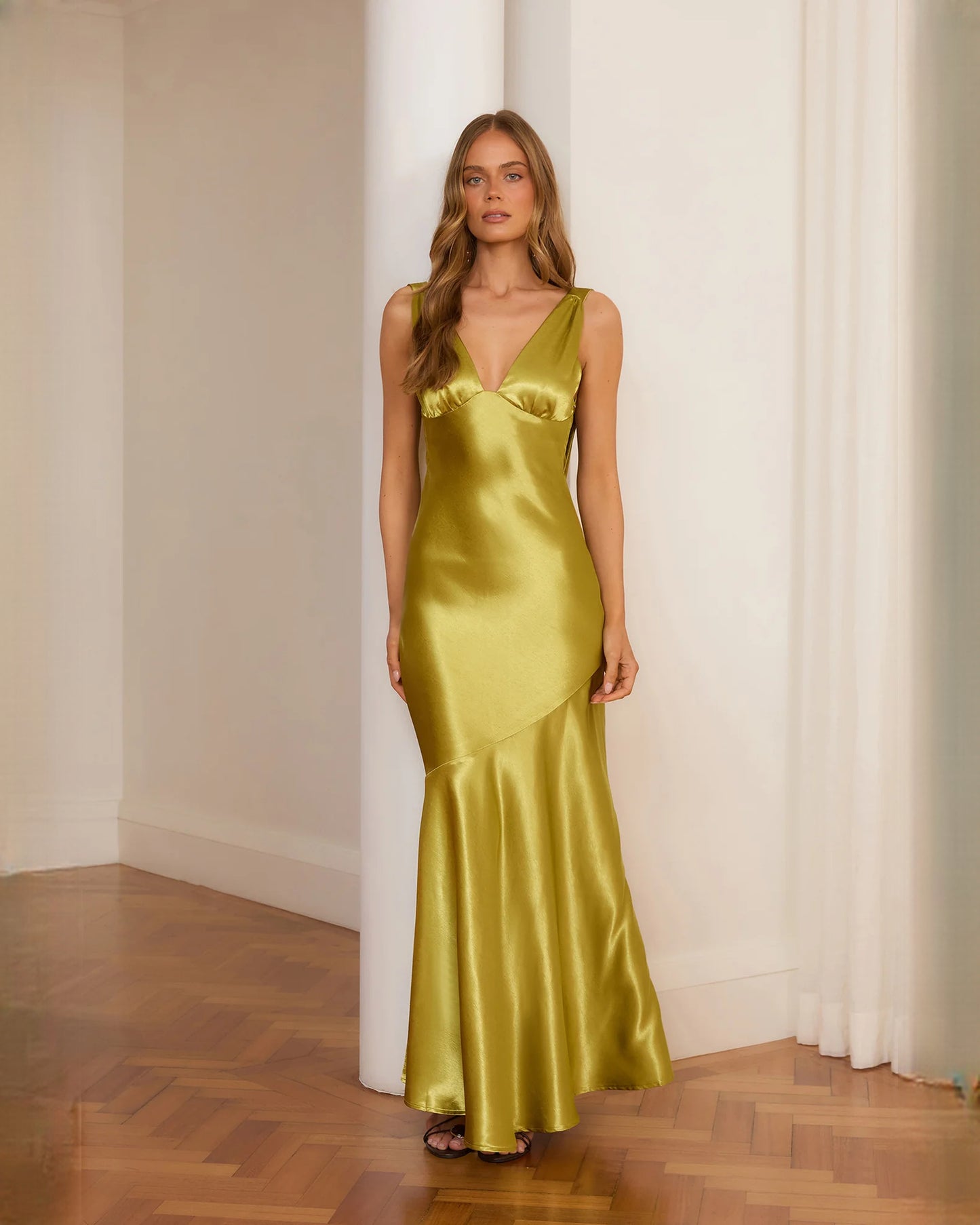 sleeveless satin a-line maxi bridesmaid dress - image 2