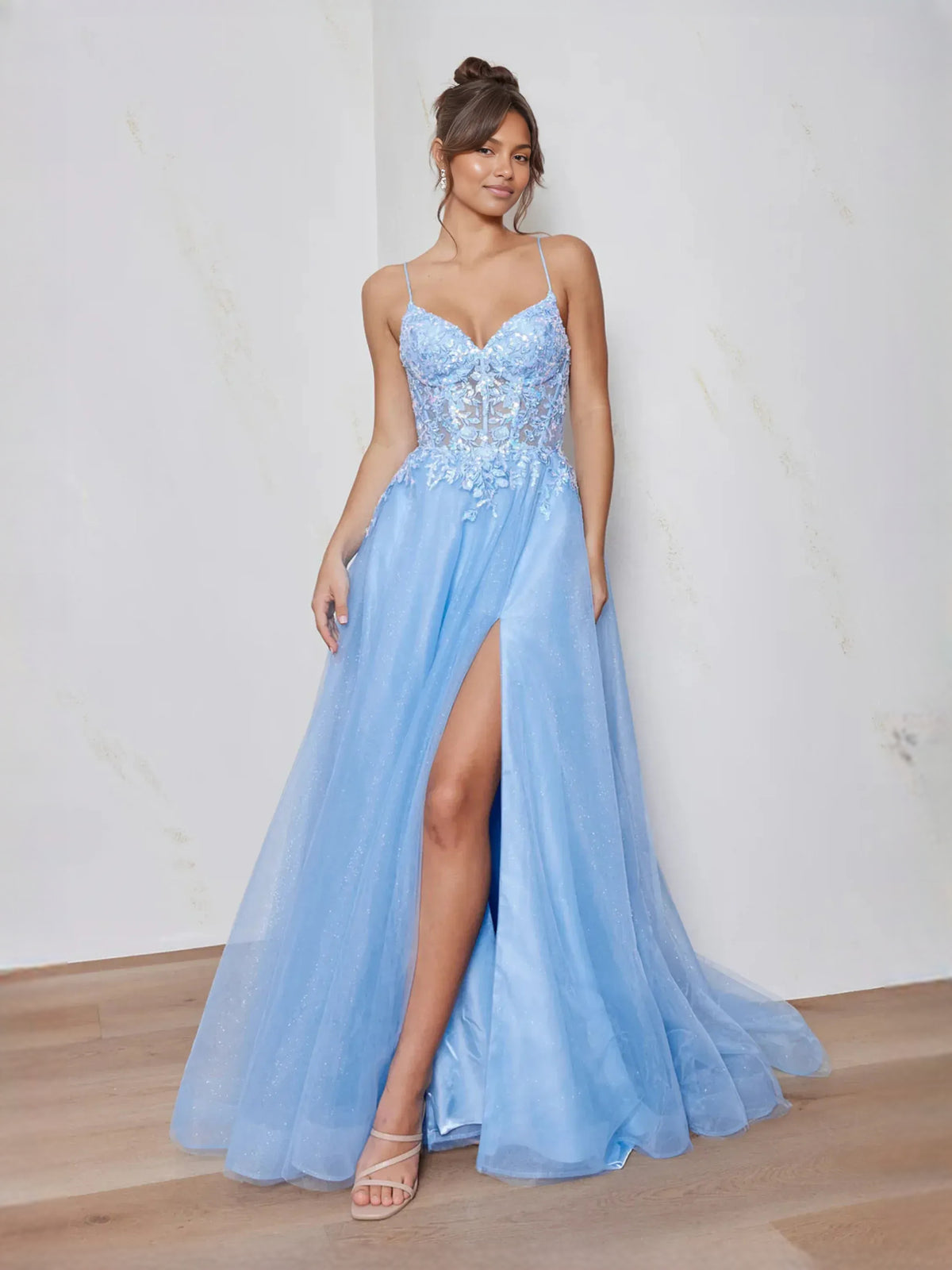 Light Blue floor-length prom dress, alternate view showing the bodice and skirt
