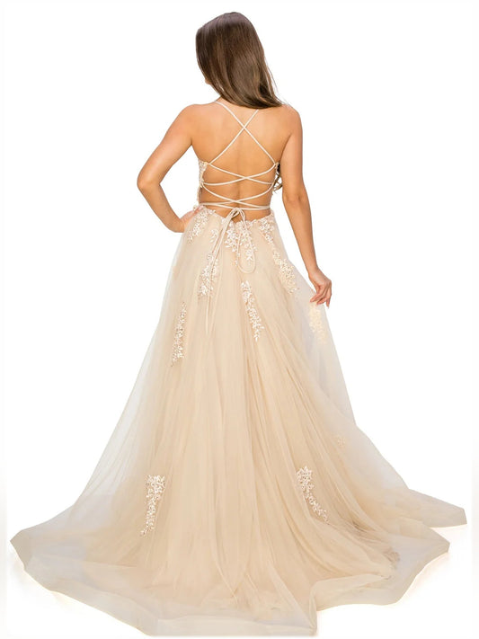 Champagne floor-length prom dress, alternate view showing the bodice and skirt