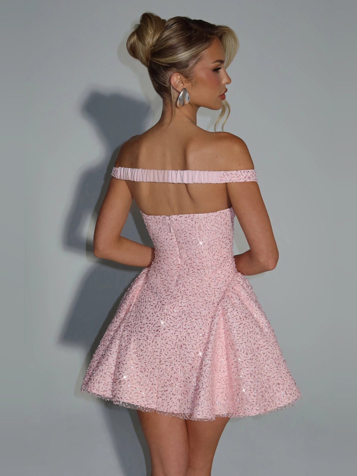 Blush mini homecoming dress, alternate view showing the bodice and skirt