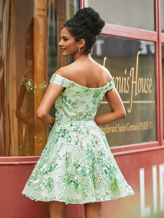 Sage Green mini homecoming dress, back view showing the rear of the dress