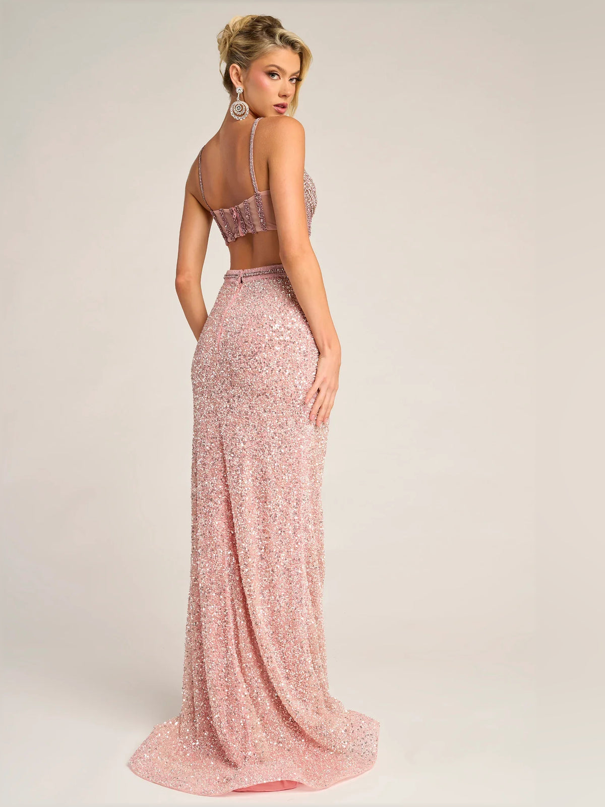 Coral sheath floor-length formal dress with corset-style bodice, alternate view