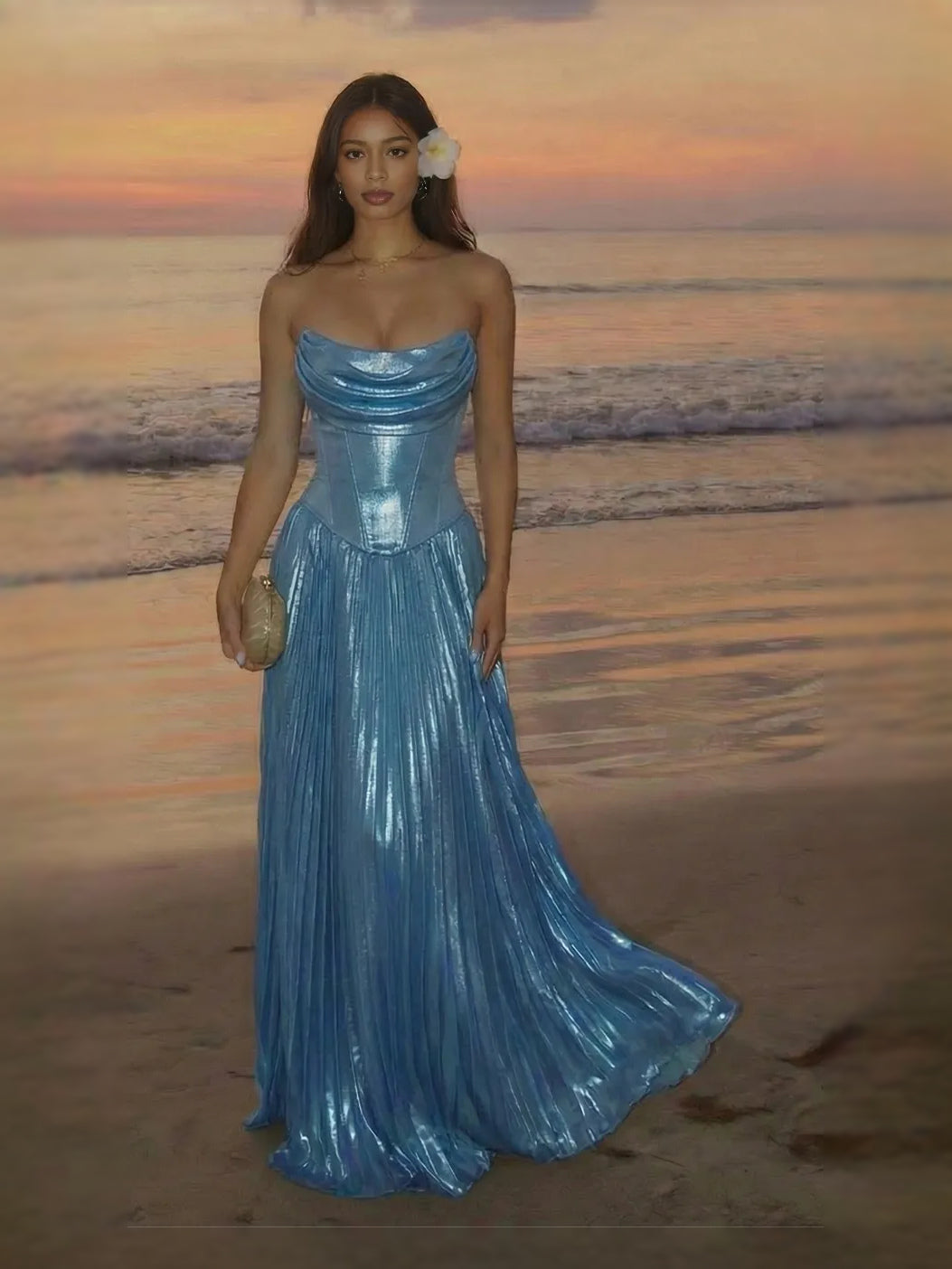 Blue maxi prom dress, alternate view showing the bodice and skirt