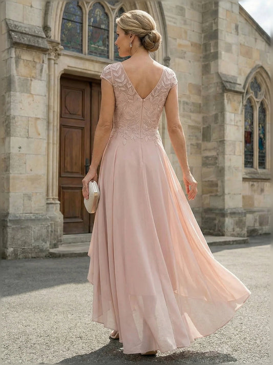 Blush Pink high-low mother of the bride dress, alternate view showing the bodice and skirt