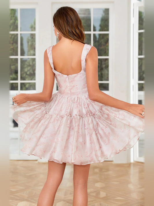 Blush Pink mini homecoming dress, back view showing the rear of the dress