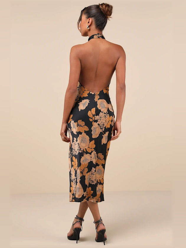 Black Floral midi formal dress with floral print, alternate view