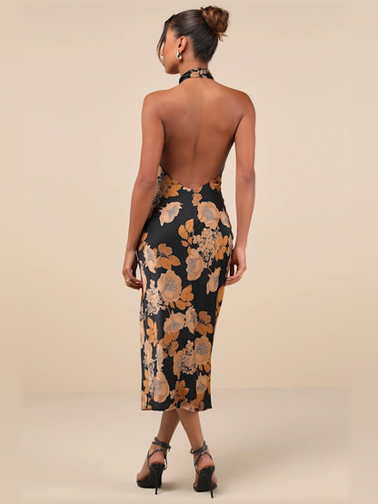 Black Floral midi formal dress with floral print, alternate view