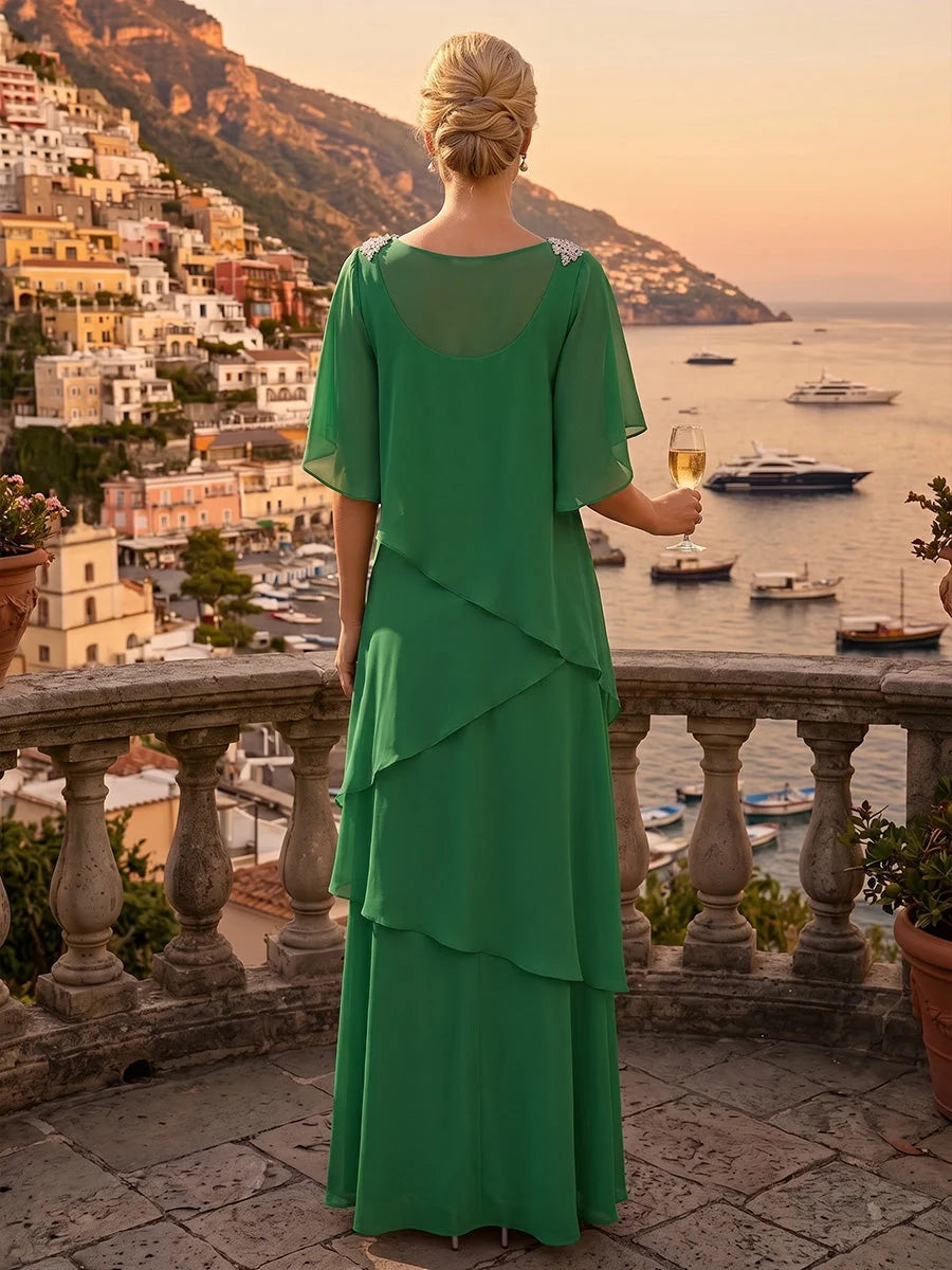Emerald Green floor-length mother of the bride dress, alternate view showing the bodice and skirt
