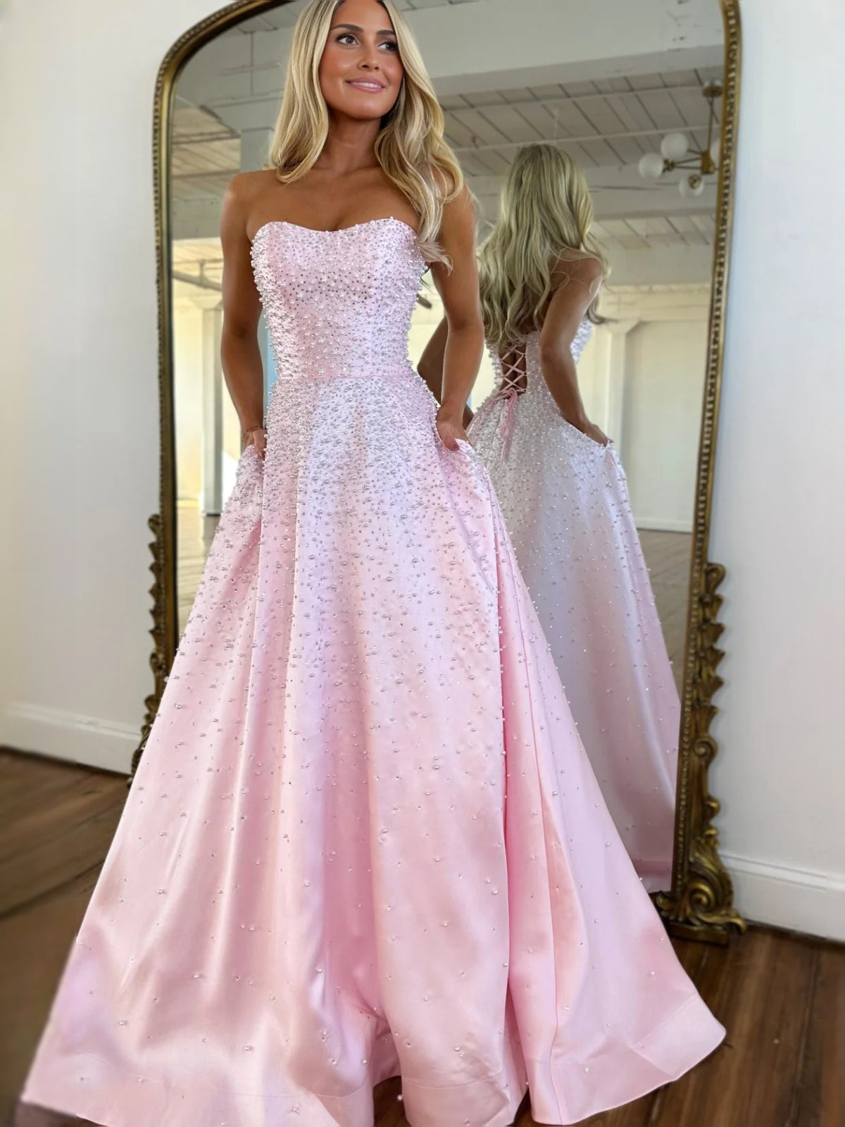 Light Pink maxi prom dress, alternate view showing the bodice and skirt