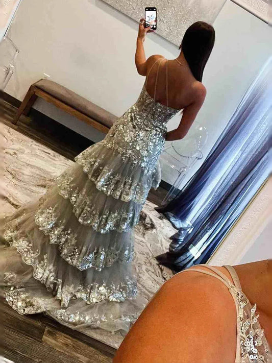 Silver floor-length prom dress, alternate view showing the bodice and skirt