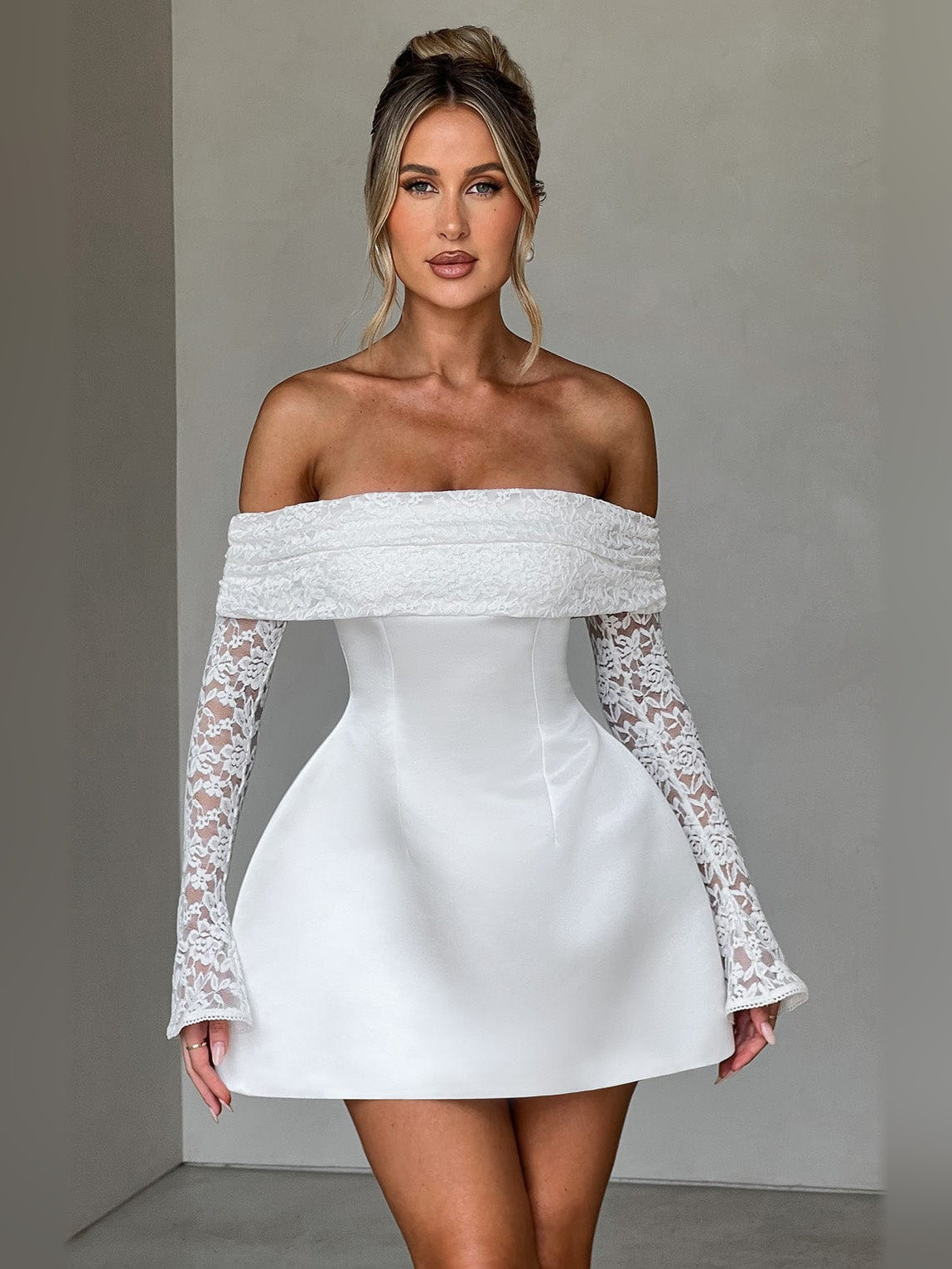 Ivory mini homecoming dress, alternate view showing the bodice and skirt