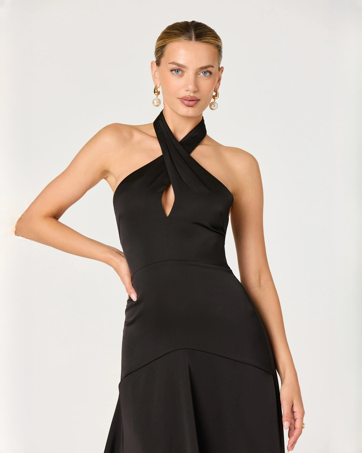 halter neck structured satin a-line midi bridesmaid dress - image 2