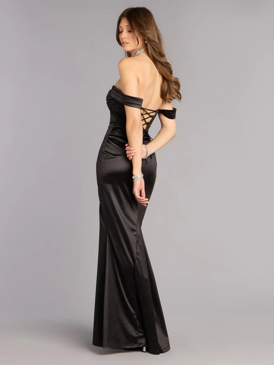 Black mermaid floor-length formal dress with skirt slit, alternate view