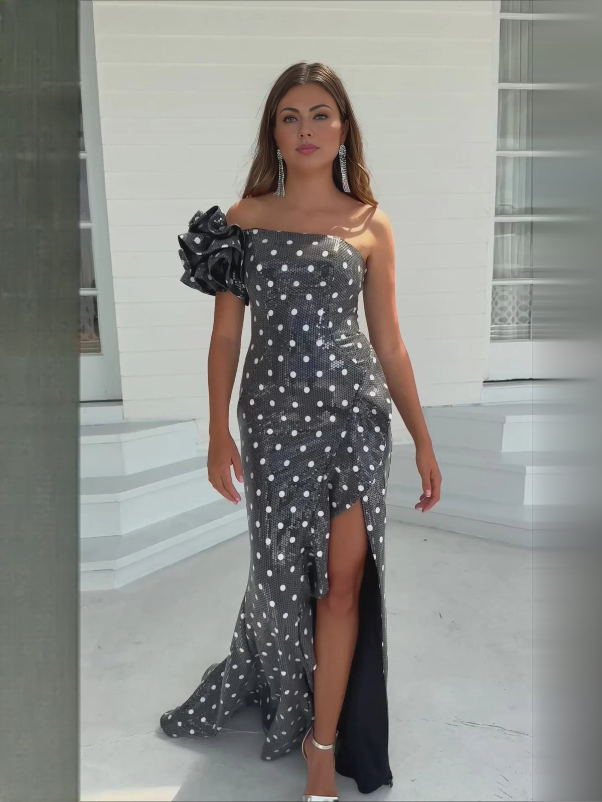 Black sheath floor-length formal dress with ruffle details, alternate view