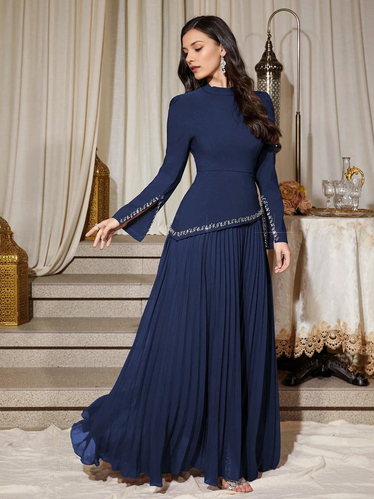 Navy Blue maxi mother of the bride dress, alternate view showing the bodice and skirt