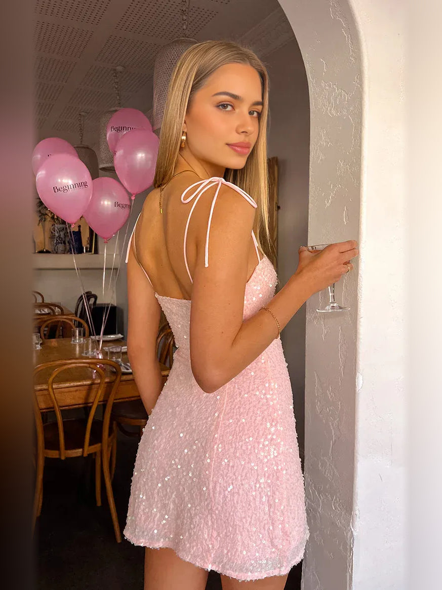 Light Pink mini homecoming dress, back view showing the rear of the dress