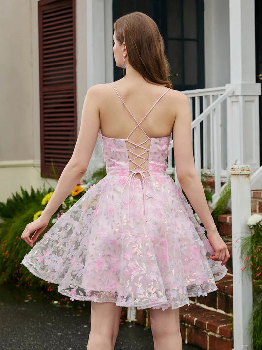 Light Blue mini homecoming dress, back view showing the rear of the dress