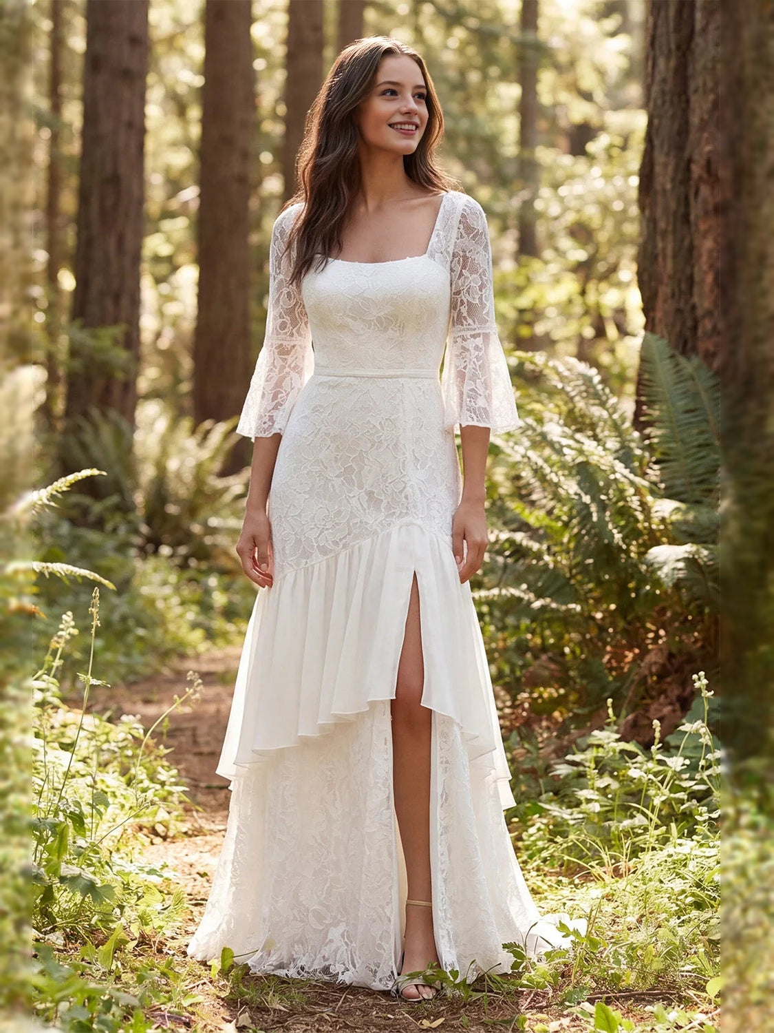 Ivory floor-length wedding dress, alternate view showing the bodice and skirt