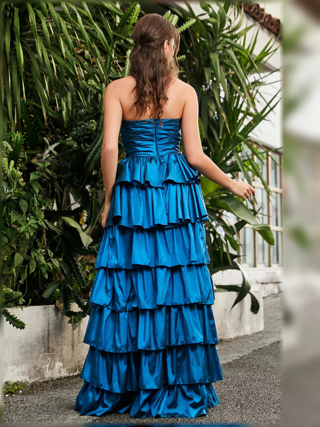 Cobalt Blue a-line floor-length formal dress with ruffle details, alternate view