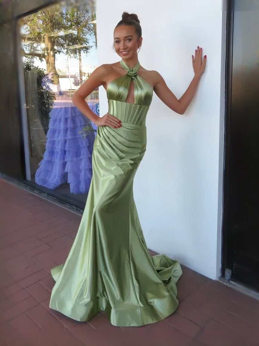 Sage Green maxi prom dress, back view showing the rear of the dress