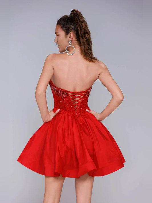 Red short homecoming dress, back view showing the rear of the dress