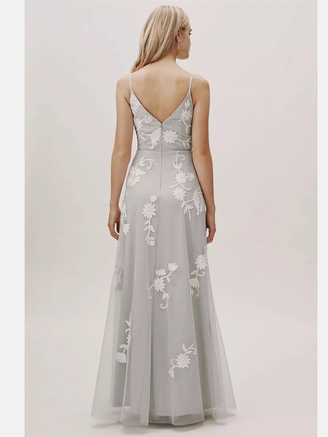 Light Gray maxi prom dress, alternate view showing the bodice and skirt