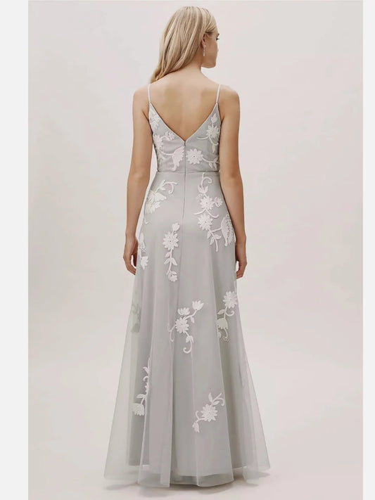 Light Gray maxi prom dress, alternate view showing the bodice and skirt