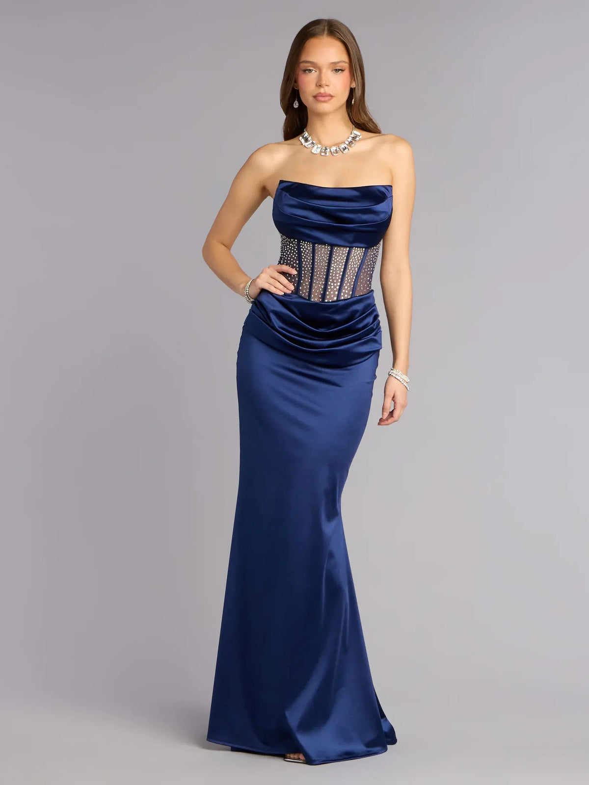 Dark Navy maxi prom dress, alternate view showing the bodice and skirt