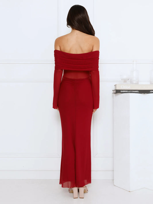 Burgundy sheath maxi formal dress with sheath, full-length back view