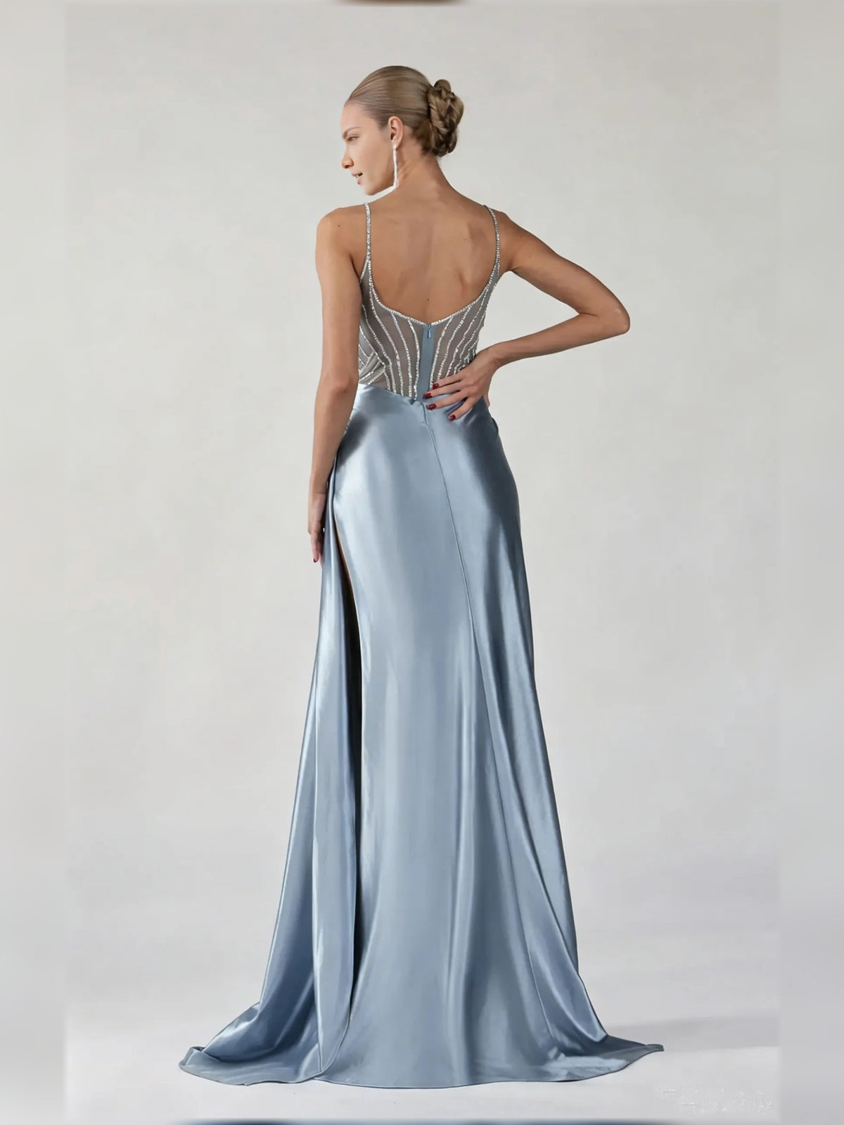 Powder Blue mermaid floor-length formal dress with beading, alternate view