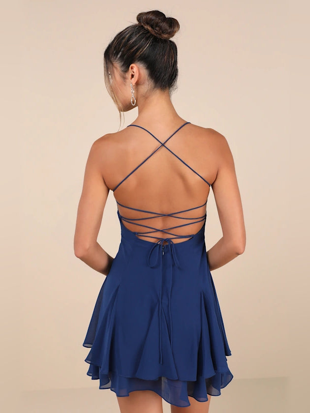 Dark Blue mini homecoming dress, alternate view showing the bodice and skirt