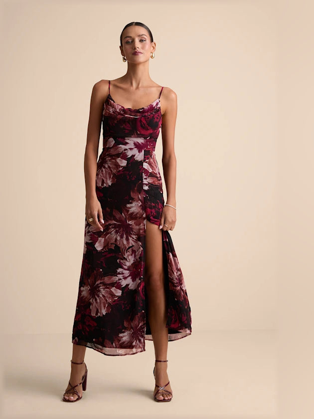 Burgundy Floral midi formal dress with floral print, alternate view