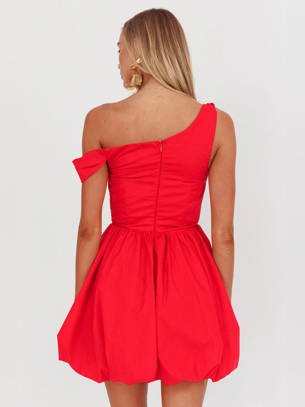 Red mini homecoming dress, alternate view showing the bodice and skirt
