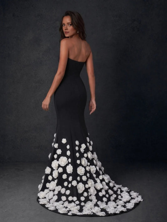 Black mermaid floor-length formal dress with floral appliqué, alternate view