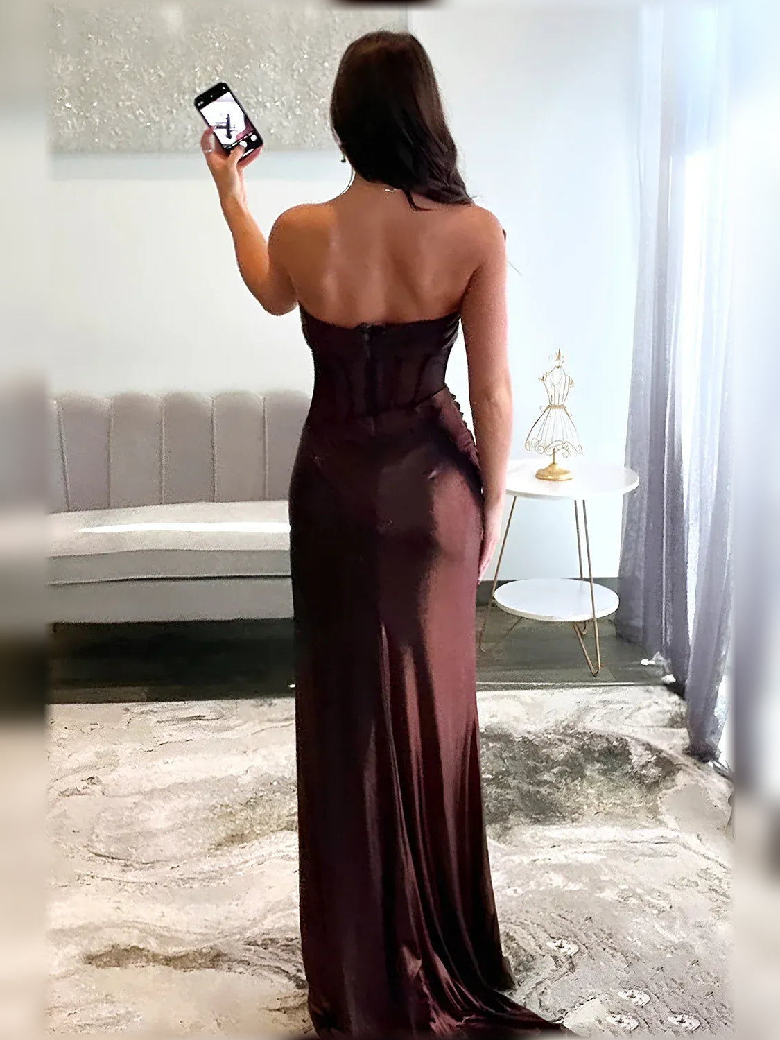 Espresso mermaid floor-length formal dress with skirt slit, alternate view