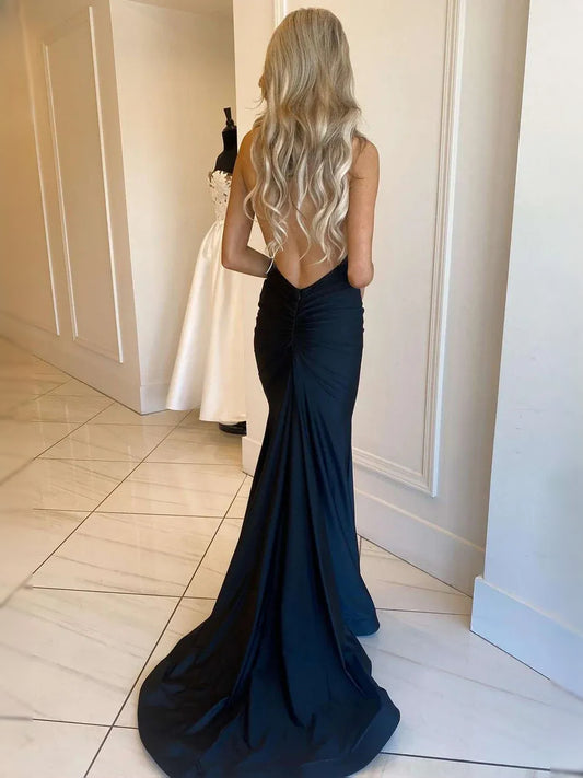 Black maxi prom dress, back view showing the rear of the dress