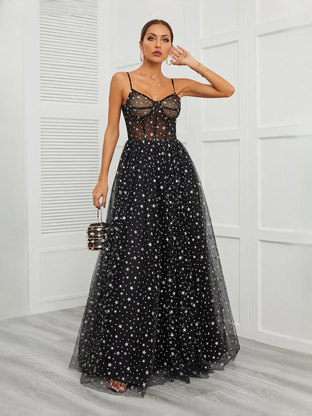 Black maxi prom dress, alternate view showing the bodice and skirt
