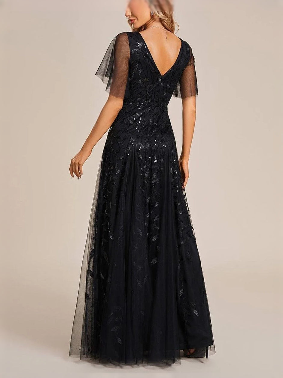 Black floor-length mother of the bride dress, alternate view showing the bodice and skirt