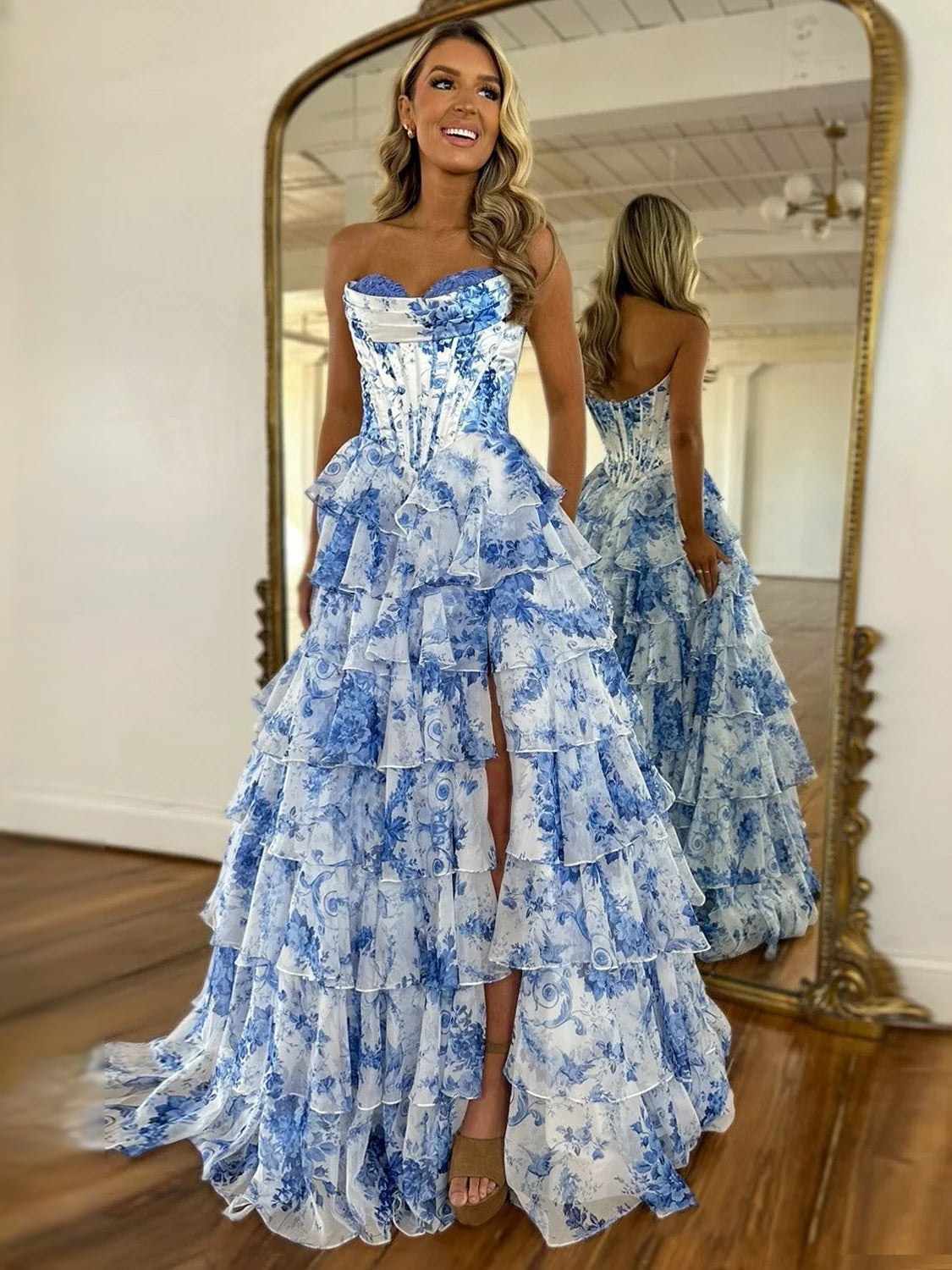 Blue floor-length prom dress, alternate view showing the bodice and skirt