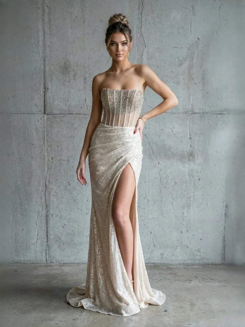 Champagne floor-length prom dress, alternate view showing the bodice and skirt