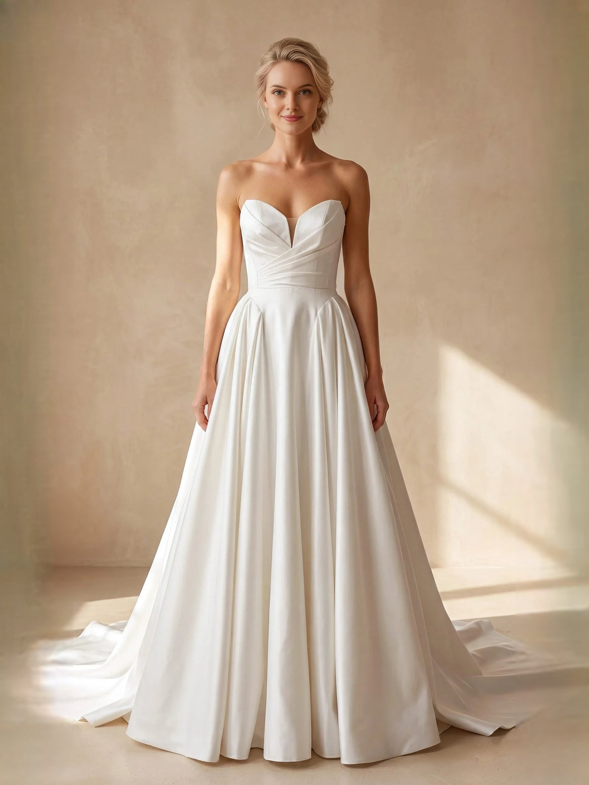 Ivory floor-length wedding dress, alternate view showing the bodice and skirt