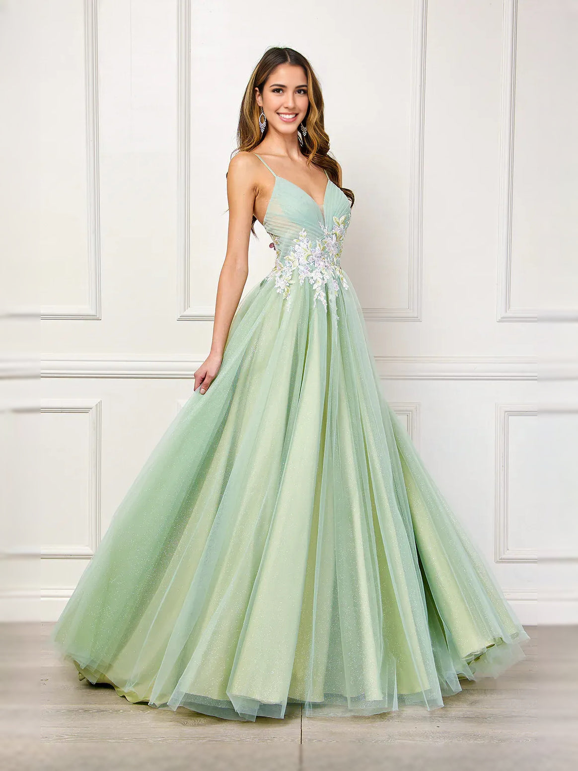 Celadon floor-length prom dress, alternate view showing the bodice and skirt
