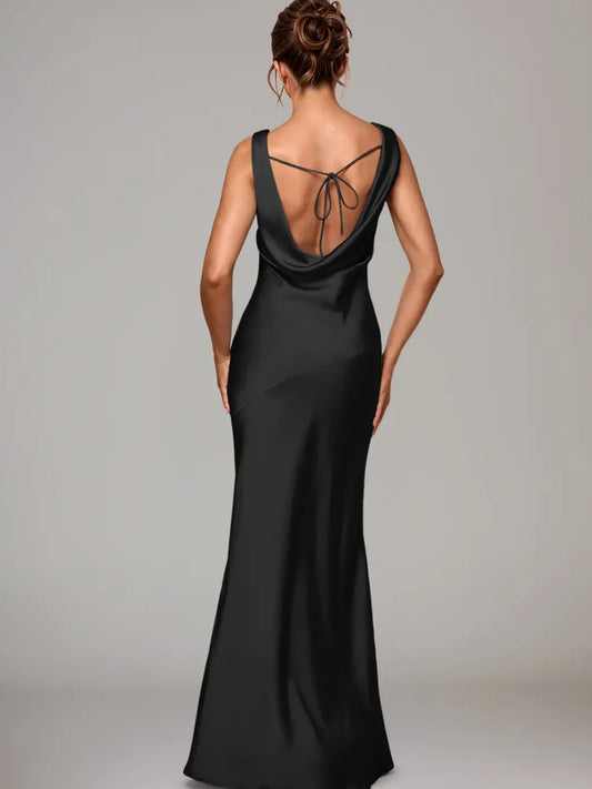 Black floor-length bridesmaid dress, alternate view showing the bodice and skirt