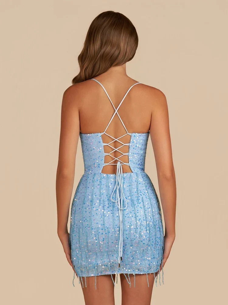 Light Blue mini homecoming dress, back view showing the rear of the dress