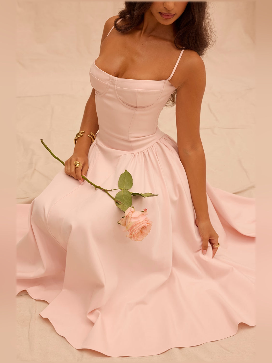 Pink midi formal dress with corset-style bodice, alternate view