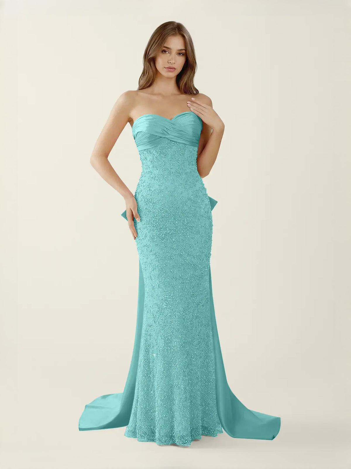 Aqua maxi prom dress, alternate view showing the bodice and skirt