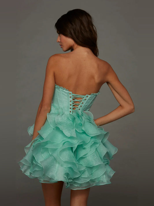 Turquoise mini homecoming dress, back view showing the rear of the dress